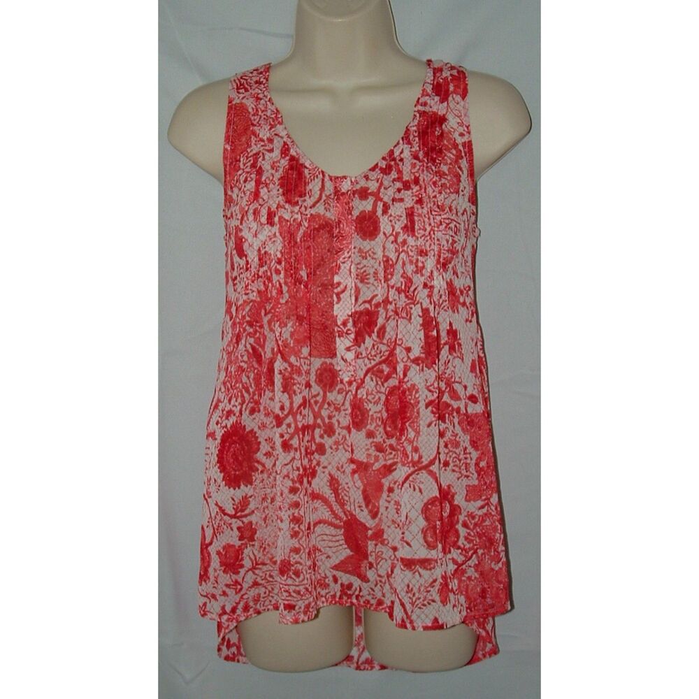 CONVERSE Red Print Sz Small Sleeveless Semi Sheer Roomy Pintucked Flowy Shirt